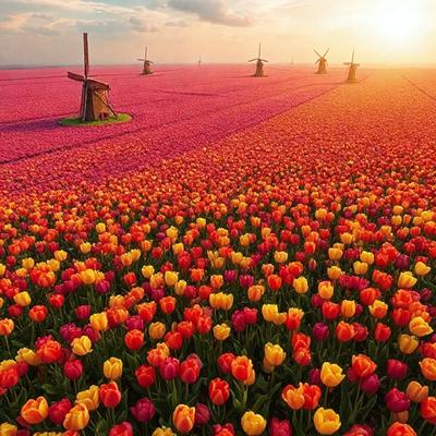 The primary subject of the image is a field of flowers, predominantly featuring red and yellow tulips. The setting is a large, open field with a pink background, which adds to the vibrant colors of the flowers. The visual style of the image is a close-up of the flowers, showcasing their beauty and details. The colors and mood of the image are lively and cheerful, with the red and yellow tulips standing out against the pink background.